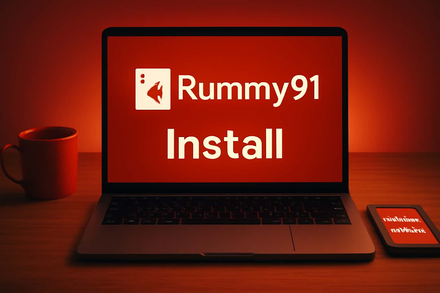 An informational scene depicting the installation process of the Rummy91 app.