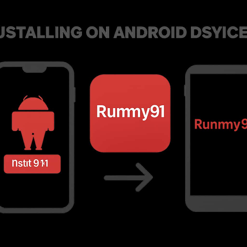 Diagram illustrating the installation steps for Rummy91 on Android devices.