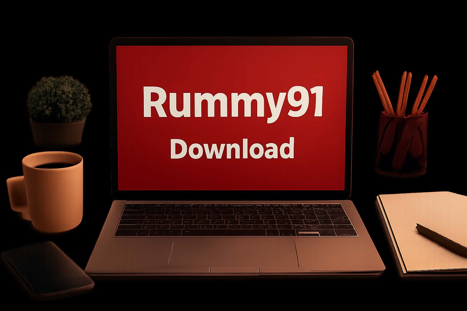 An informative scene illustrating the download process for Rummy91 on various devices.