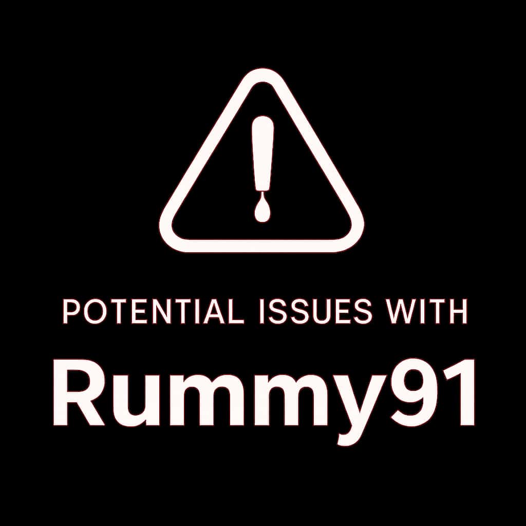 A square badge illustrating potential issues with Rummy91.